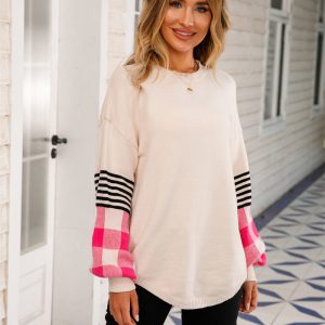 Plaid Pink Bubble Sleeve Sweater