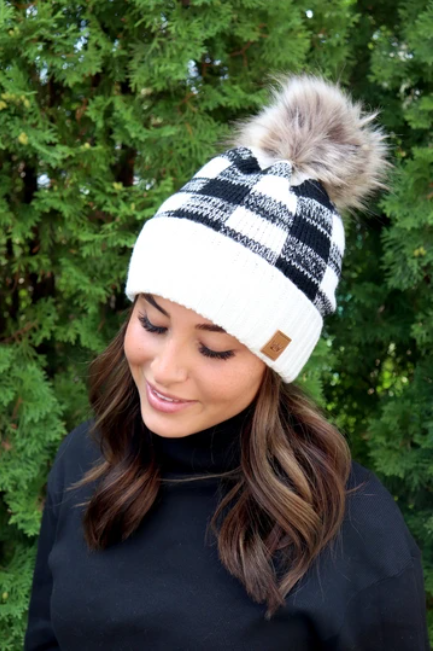 Black Buffalo Plaid Hat with PomPom