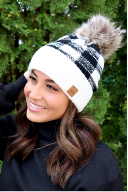 Black Buffalo Plaid Hat with PomPom