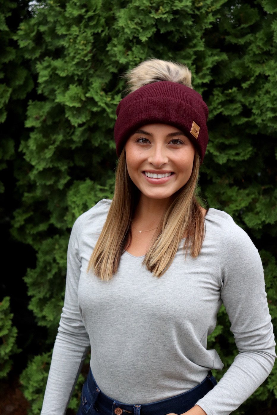 Wine Fleeced Lined Beanie with PomPom