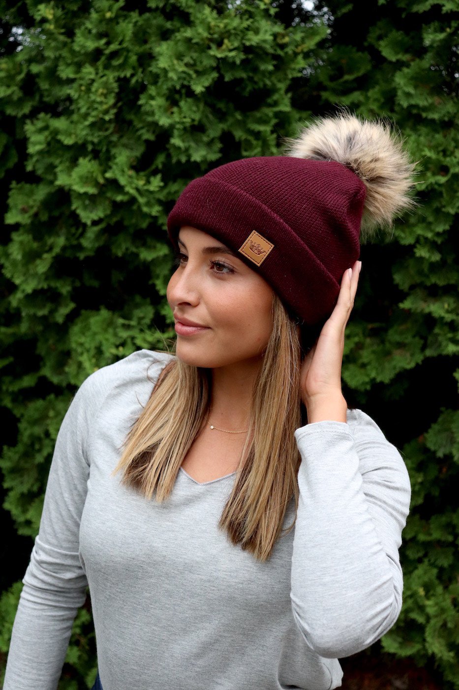 Wine Fleeced Lined Beanie with PomPom