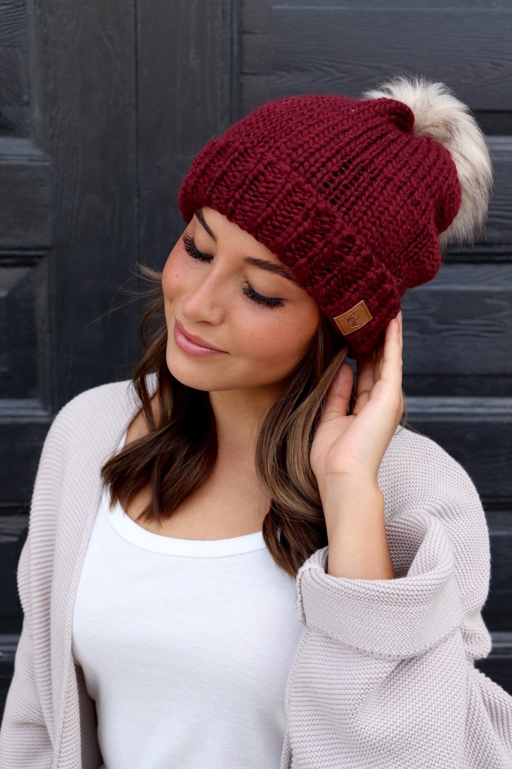 Wine Fleeced Lined Beanie with PomPom