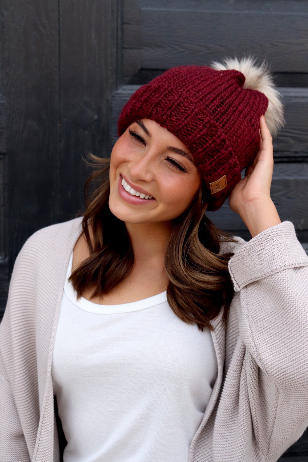 Wine Fleeced Lined Beanie with PomPom