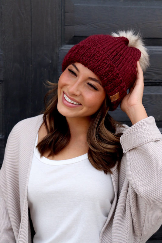 Wine Fleeced Lined Beanie with PomPom