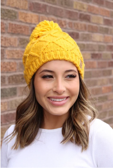 Mustard Fleece Knit Beanie with PomPom