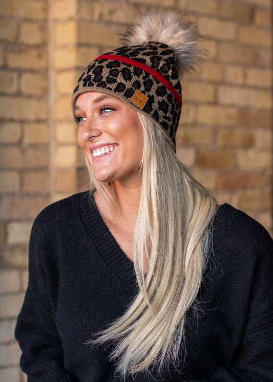Leopard Beanie with Red Accent