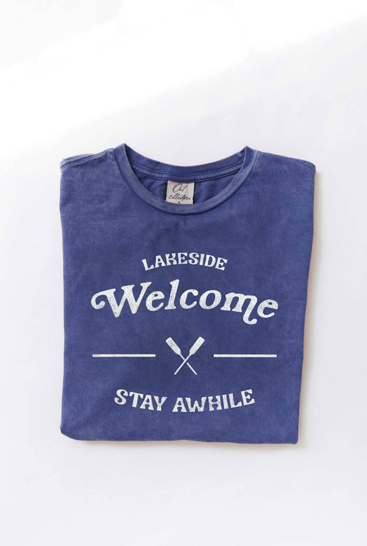 LAKESIDE WELCOME STAY AWHILE Mineral Washed Graphic Top