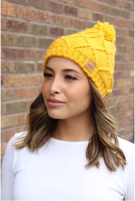Mustard Fleece Knit Beanie with PomPom