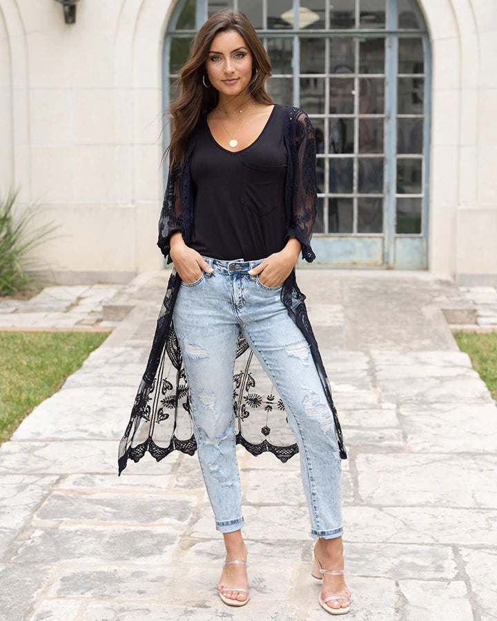 Grace and Lace Distressed Girlfriend Denim in Stonewash