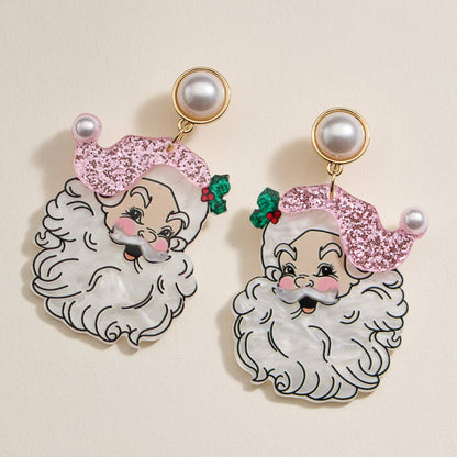 Pearl Pink Santa Face Drop Earrings | Acrylic Christmas Dangles: Pink / One / 4SE31128