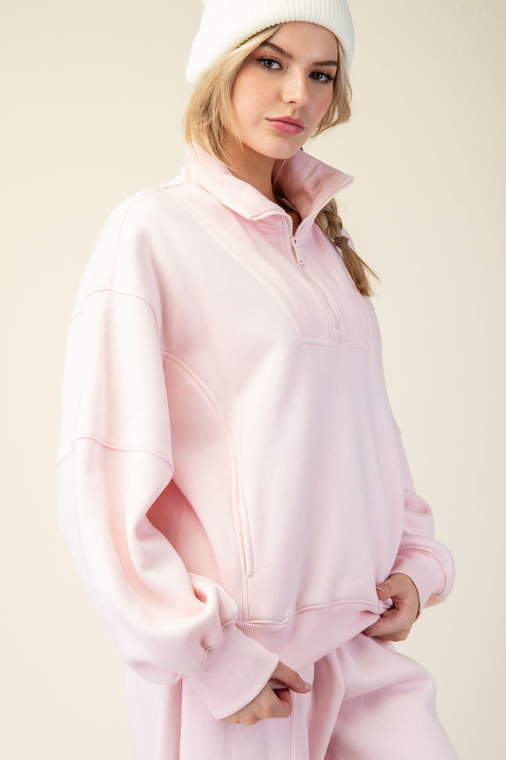 Rae Mode French Terry Fleece Quarter Zip - Strawberry Milkshake