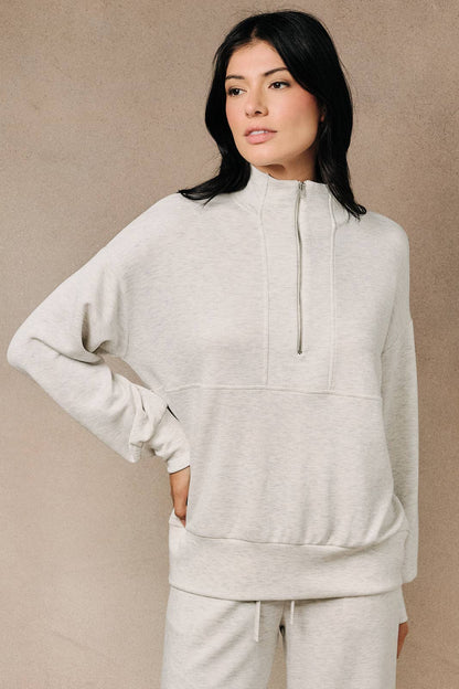 FUNNEL NECK HALF ZIP DROP SHOULDER SWEATSHIRT TOP: ASH GREY / S