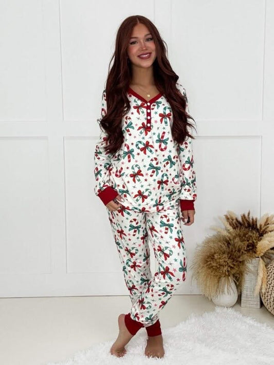 Shirley & Co Candy Cane Bow LS Jogger Pajamas