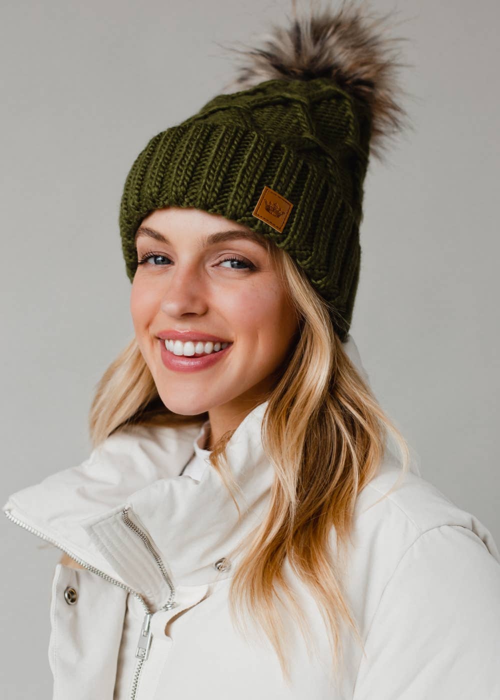 Green Diamond Cable Knit Pom Hat