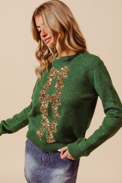 Sequins Bow Ribbon Embellished Holiday Sweater Top - Hunter/Gold
