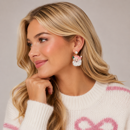 Pearl Pink Santa Face Drop Earrings | Acrylic Christmas Dangles: Pink / One / 4SE31128