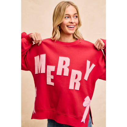 MERRY SIDE BOW PATCHES CHRISTMAS FLEECE SWEATSHIRT: RED/PINK / L