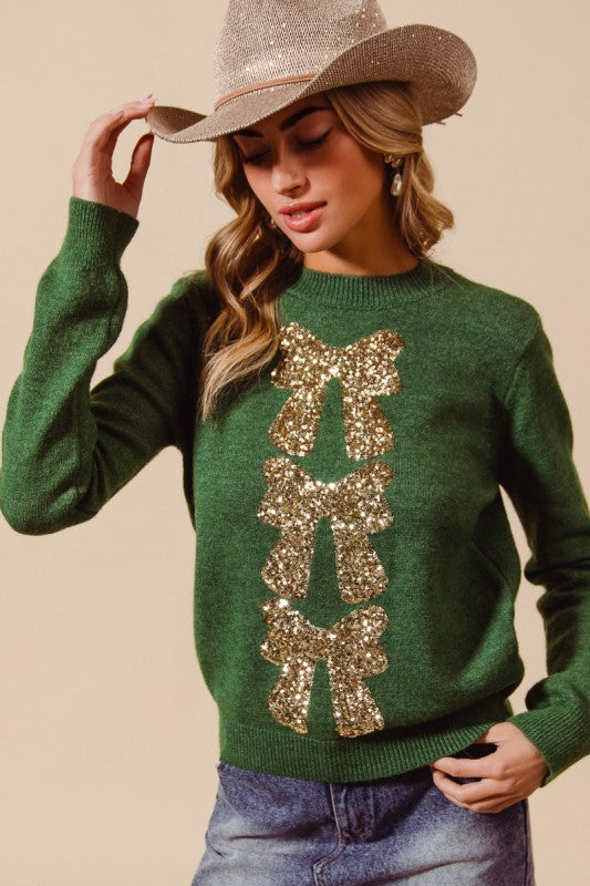 Sequins Bow Ribbon Embellished Holiday Sweater Top - Hunter/Gold