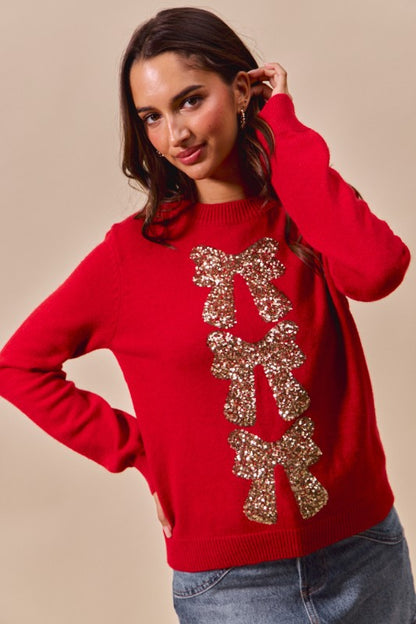 Sequins Bow Ribbon Embellished Holiday Sweater Top - Red/Gold