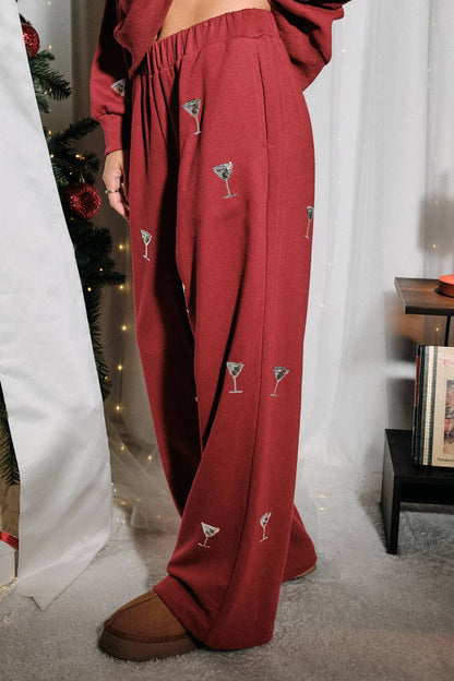 Sequin Martini Embroidered French Terry Sweatpants: Burgundy / M