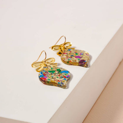Confetti Christmas Ornament Earrings | Gold Acrylic Bow Dangles: Multi / One / 4SE31135