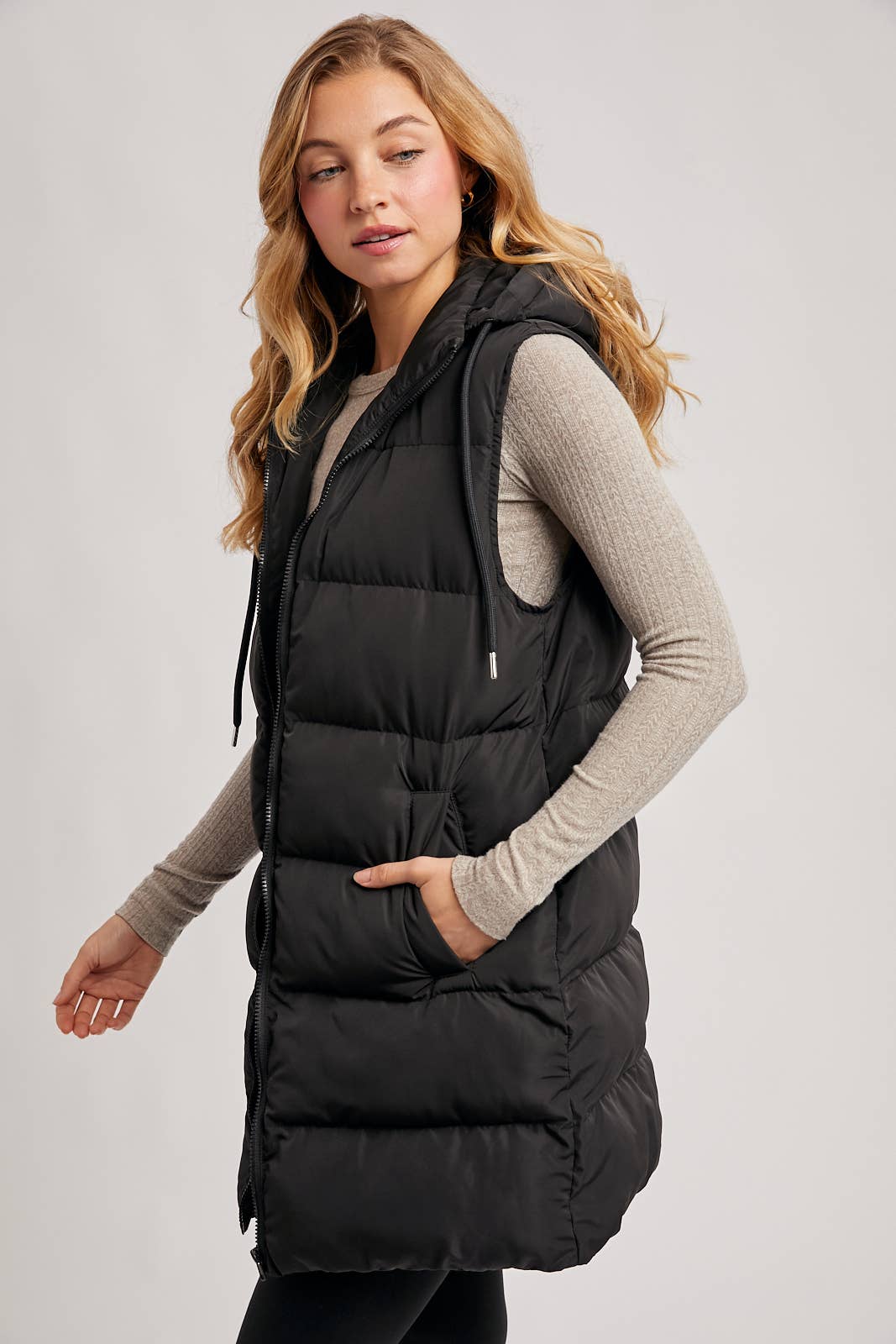 HOODED ZIPPER DOWN LONGLINE PUFFER VEST: Beige