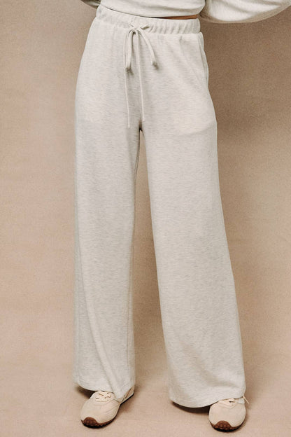 HIGH WAIST DRAWSTRING WIDE LEG PANTS WITH POCKET: ASH GREY / M