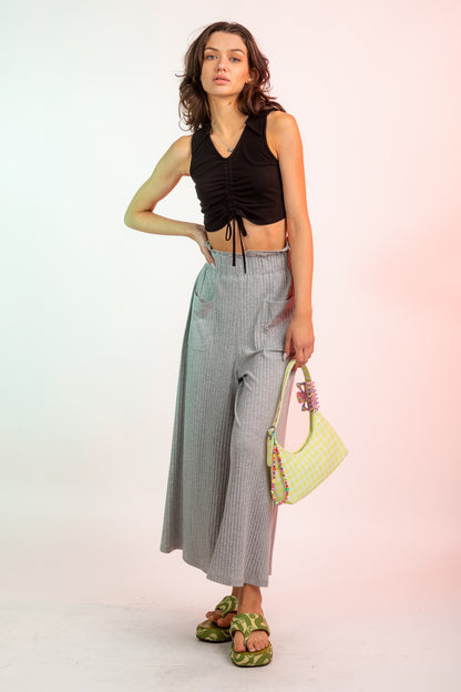 High Waisted Rib Wide Leg Pants with Pockets