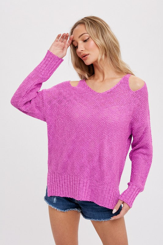 Open Shoulder Loose Fit Sweater - Orchid