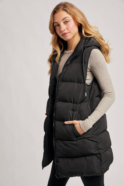 HOODED ZIPPER DOWN LONGLINE PUFFER VEST: Beige