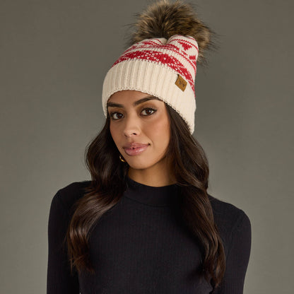Cream & Red Patterned Pom Hat