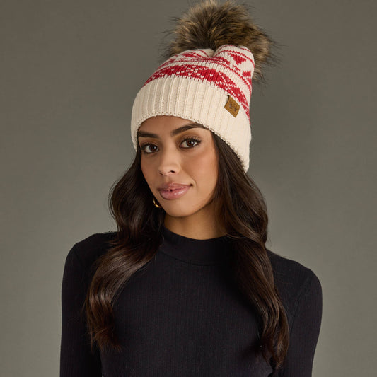 Cream & Red Patterned Pom Hat
