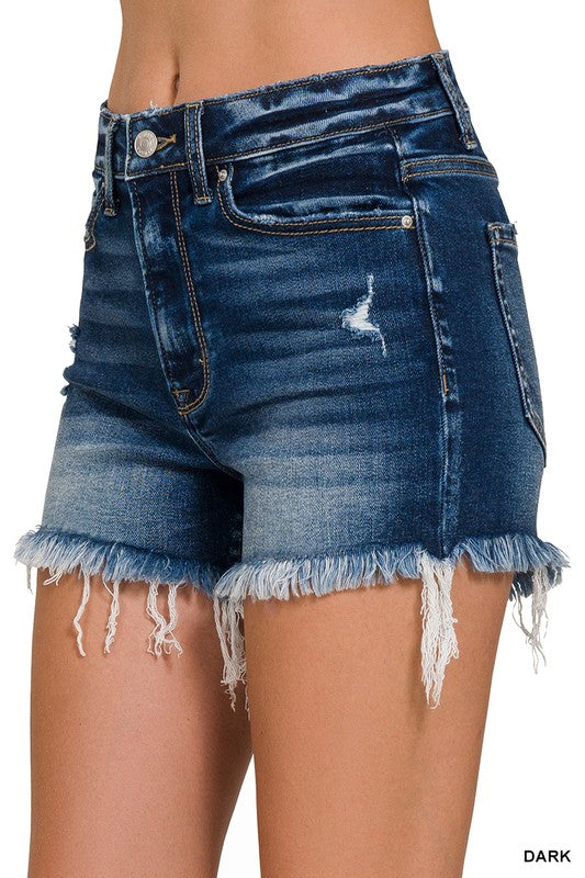 Dark Washed Raw Frayed Hem Denim Shorts main image 0