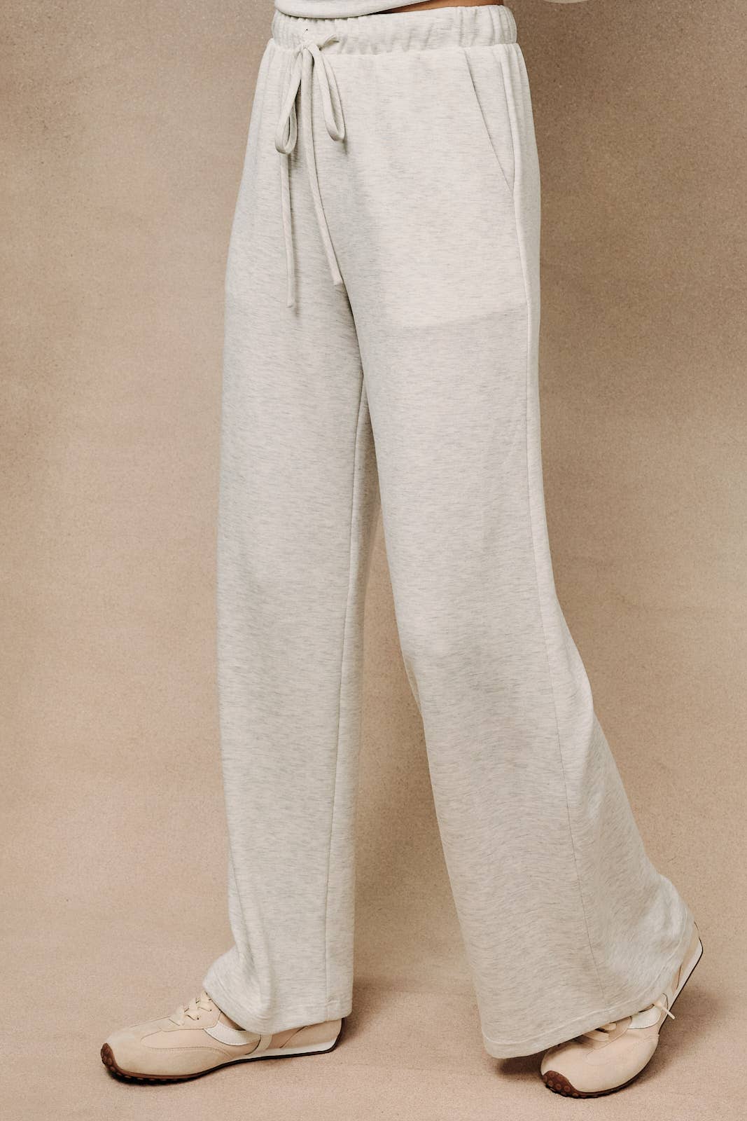 HIGH WAIST DRAWSTRING WIDE LEG PANTS WITH POCKET: ASH GREY / L
