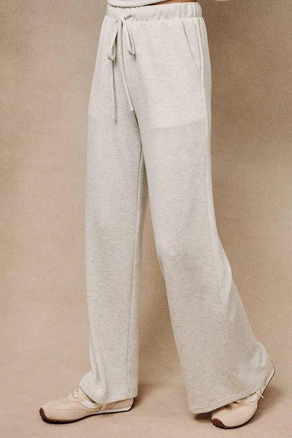 HIGH WAIST DRAWSTRING WIDE LEG PANTS WITH POCKET: ASH GREY / L