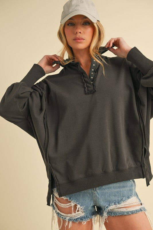 Relaxed Henley Sweatshirt - Charcoal