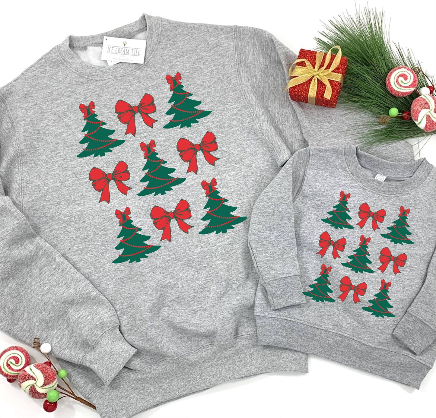 Womens Christmas Sweatshirt Trendy Bows and Christmas Trees