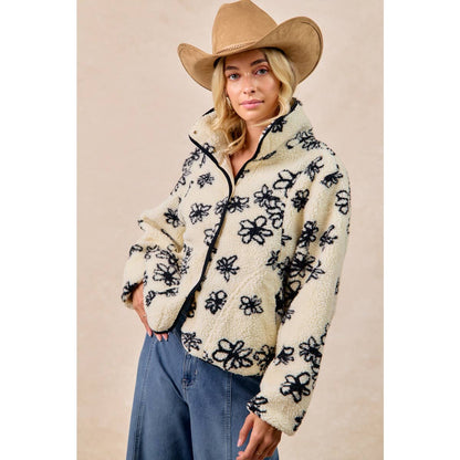 FLORAL PATTERN PIPING DETAIL FLEECE JACKET: IVORY/BLACK / S