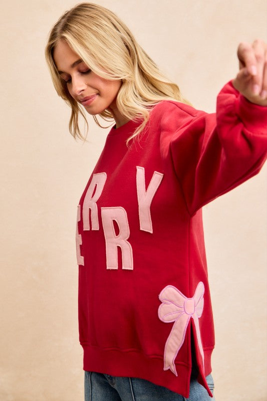 Merry Sweatshirt with Bows- Red/Pink