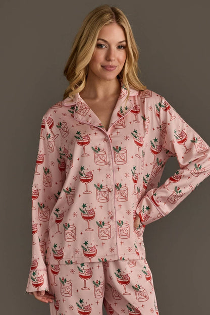 Lt. Pink Christmas Cocktails Satin Pajama Set