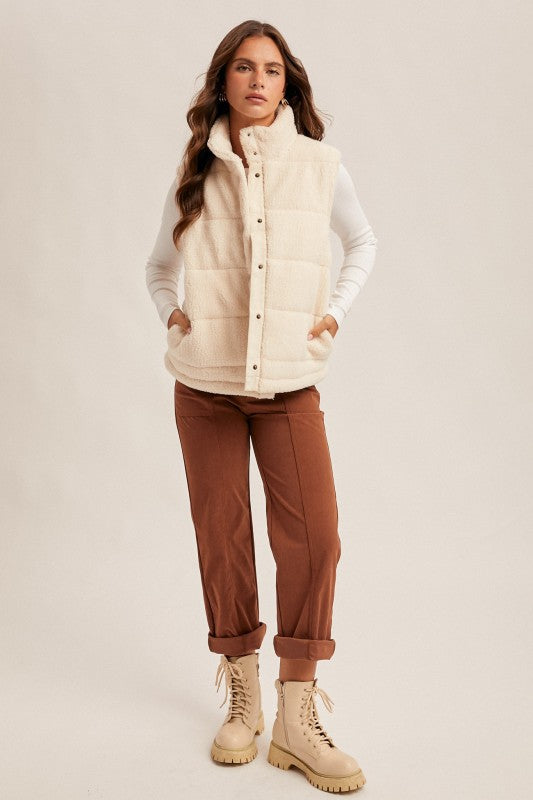 Teddy Fleece Snap Button Down Puff Vest
