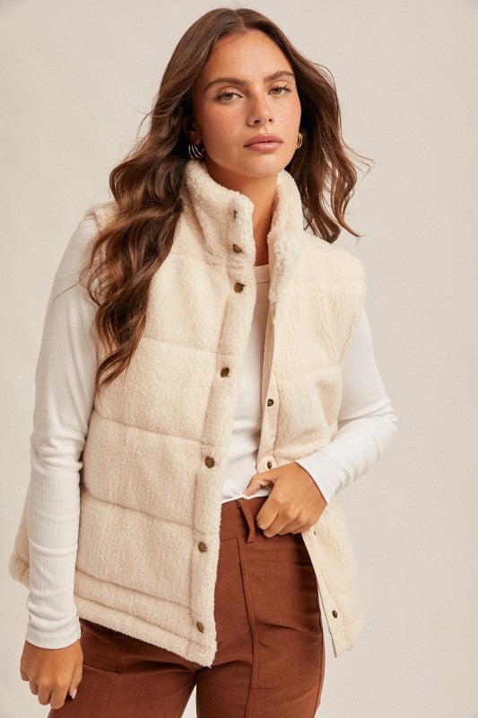 Teddy Fleece Snap Button Down Puff Vest