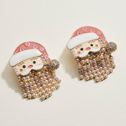 Pearl Fringe Santa Face Earrings | Enamel Holiday Studs: NA / One / EE1834