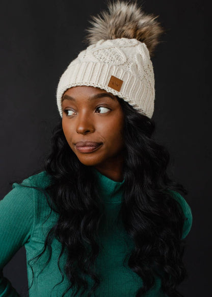 Beige Cable Knit Pom Hat