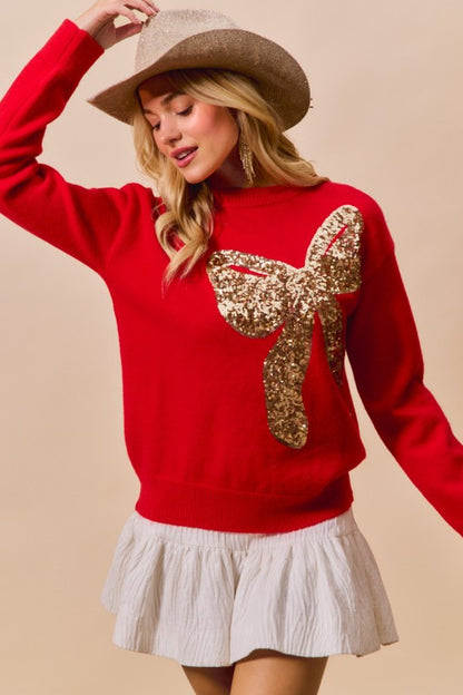 Big Sequins Ribbon Christmas Holidy Sweater Top - Red/Gold