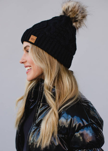 Black Cable Knit w/ Natural Pom Hat