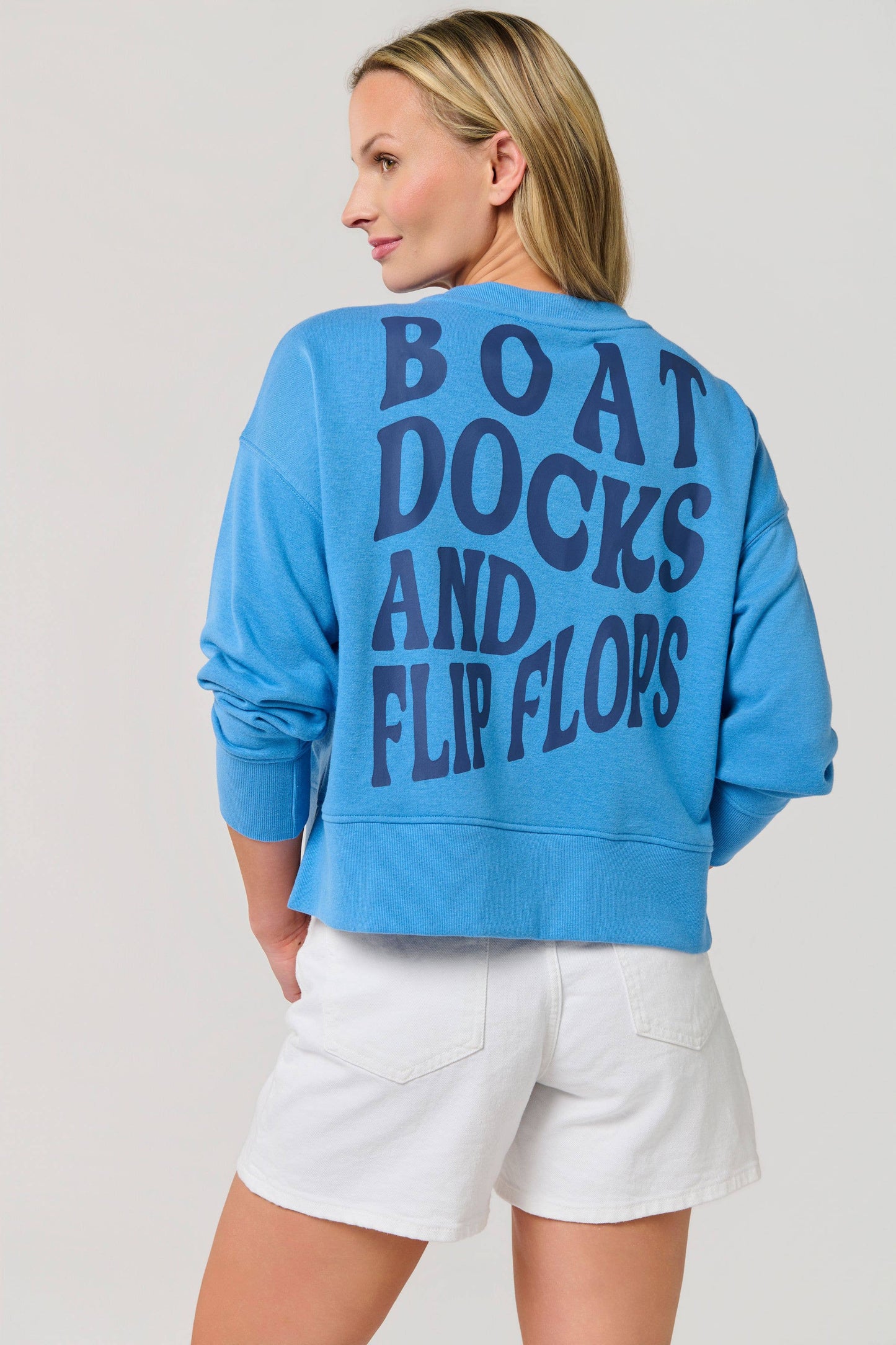 "BOAT DOCKS AND FLIP FLOPS" RELAXED SWEATSHIRT: SMALL