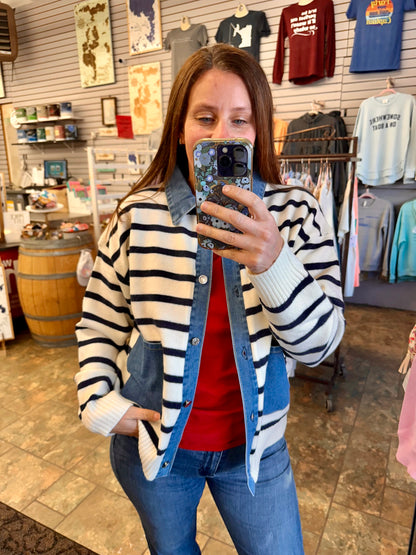 Button Down Stripe Denim Collared Sweater