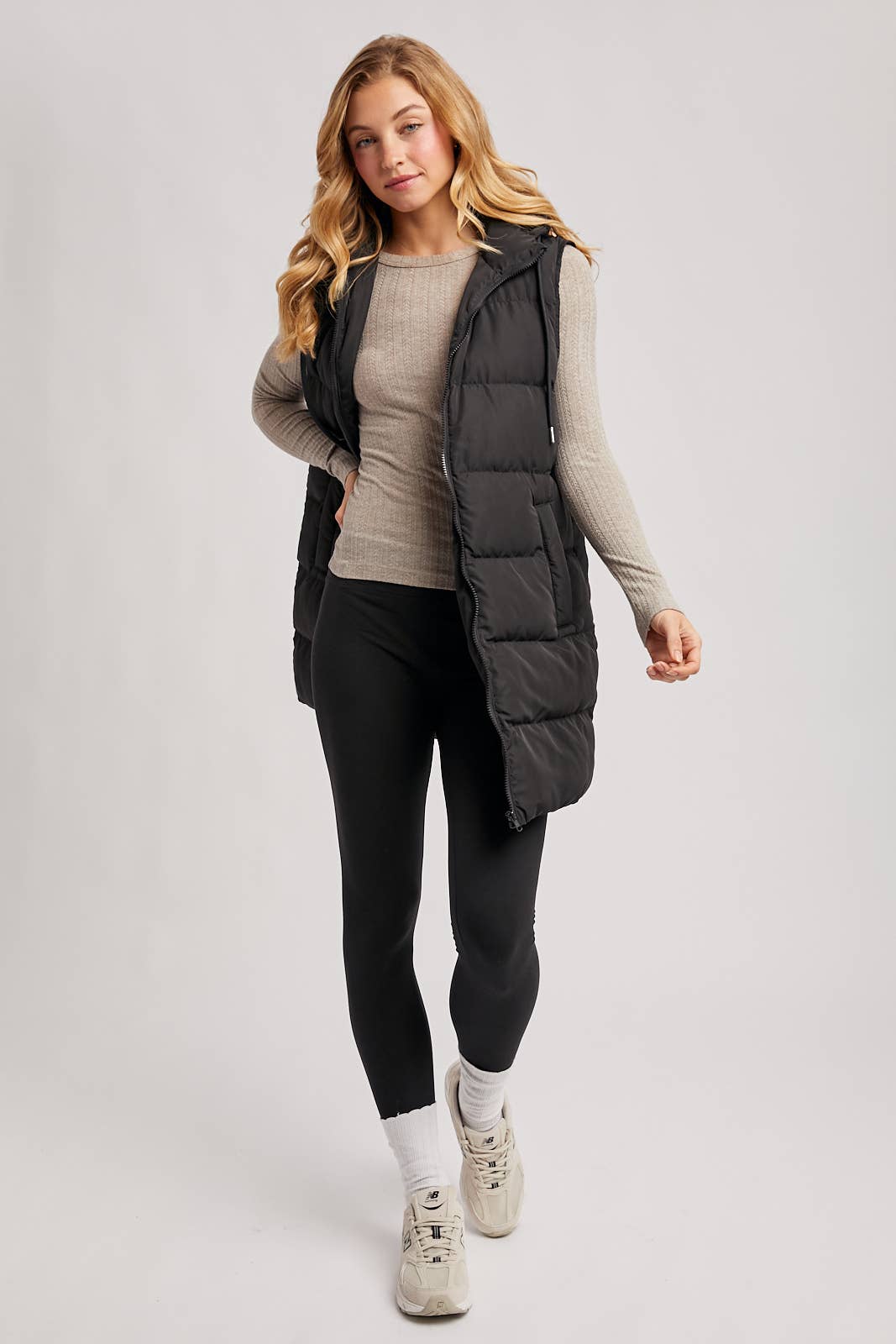HOODED ZIPPER DOWN LONGLINE PUFFER VEST: Black