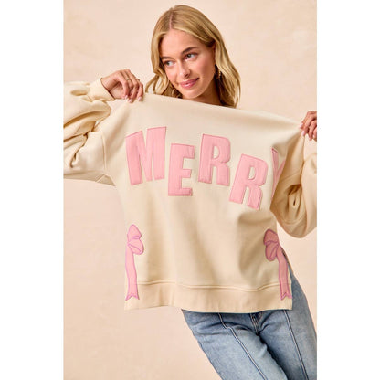 MERRY SIDE BOW PATCHES CHRISTMAS FLEECE SWEATSHIRT: CREAM/RED / XL